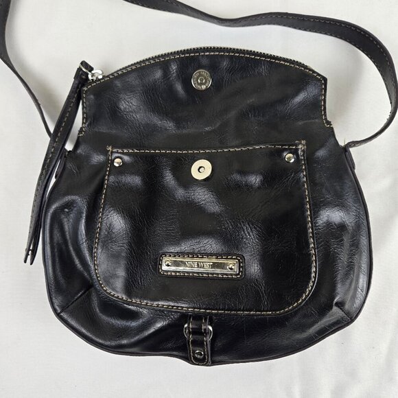 Nine West Black Foldover Crossbody Bag Adustable Long Strap Faux Leather - Picture 9 of 16